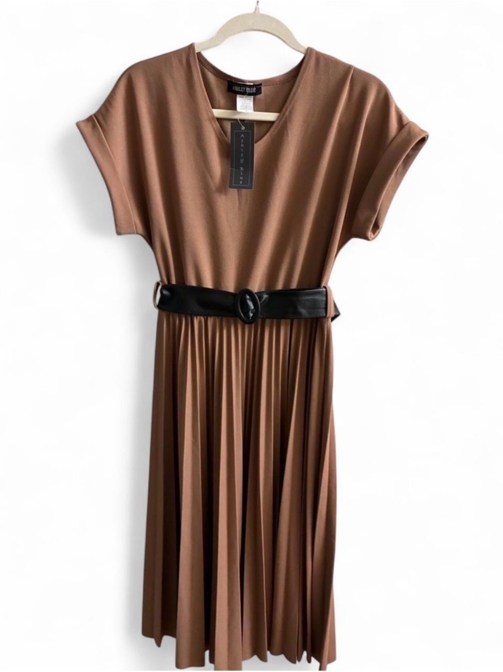 NWT Ashley Blue Pleated Belted Midi Dress - Size L